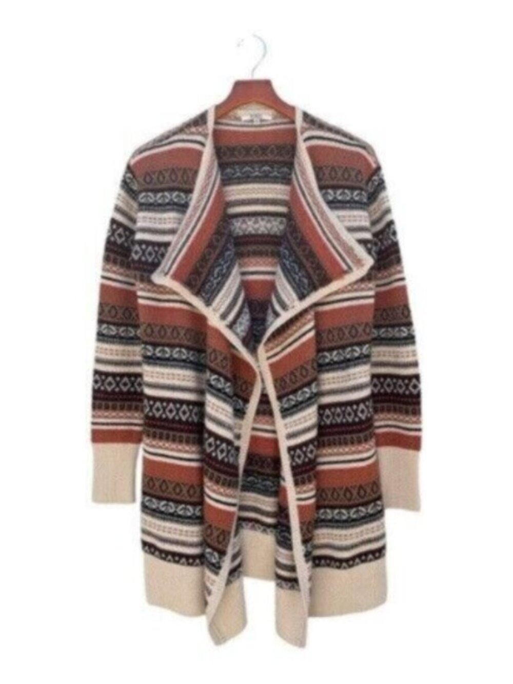 BB Dakota Geometric Fair Isle Draped Waterfall Open Front Cardigan - M